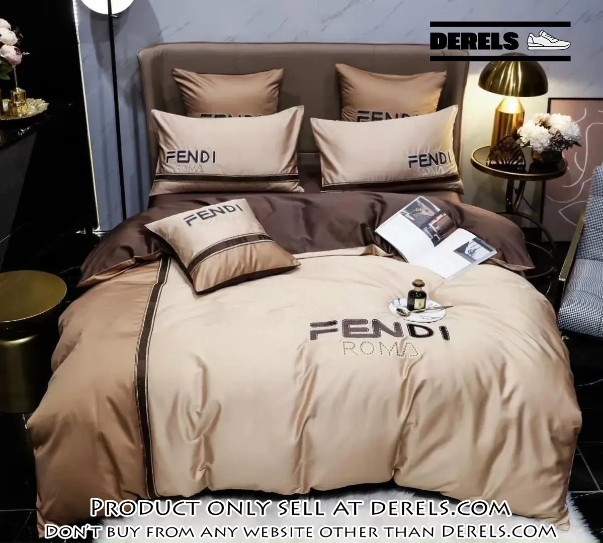 Fendi roma brown premium luxury brand bedding set duvet cover home decor special gift dr1252138